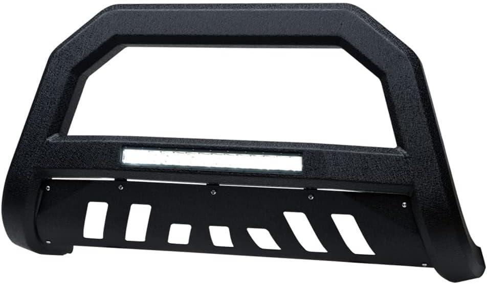 Textured Black AVT Style Aluminum LED Light Bull Bar Brush Push Front Bumper Grill Grille Guard with Skid Plate Compatible with 05 06-10 Hummer H3