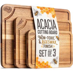 Cutting Boards for Kitchen (Set of 3) Beeswax Finished Acacia Wood Cutting Board, Mineral Oil Free Wooden Cutting Boards non Toxic with Juice Groove, Non-Slip Feet, Charcuterie Boards