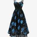 DRESSFO Women's Vintage Sundress Cottagecore Rose Flower Leaf Printed Lace Up Chiffon Tank Cami Dress (Black, XL)