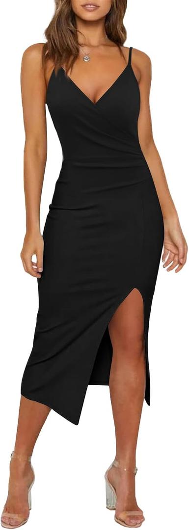 WAYMAKER Women's Sexy V Neck Spaghetti Strap Sleeveless Wrap Ruched Side Slit Bodycon Cocktail Party Wedding Guest Dress, Small