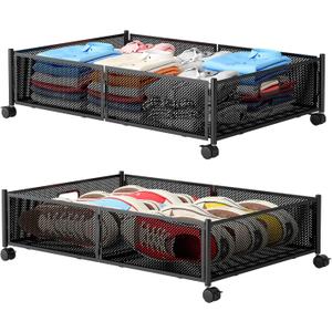 Under Bed Storage with Wheels, Foldable Metal Mesh Underbed Storage Container Bins, Tool-free Assembly Clothes Drawer Organizer,2Pack (Black)