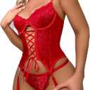 Red Sexy Corset Women's Tummy Control Sexy Lingerie Set Two Piece Lingerie Underwear Sleepwear Steel Ring Pyjamas Garter Lingerie Set Floral Embroidery Mesh Lingerie Set With Stockings, Medium