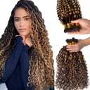 Water Wave I Tip Hair Extensions Human Hair,Ombre Brown Balayage Honey Blonde Highlights Hair Extensions Real Human Hair 16 Inch Cold Fusion Remy Hair Curly I tip Extension for Women 100 Strands 50G