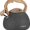 POLIVIAR Tea Kettle, 2.7 Quart Natural Stone Finish with Wood Pattern Handle Loud Whistle Food Grade Stainless Steel Teapot, Anti-Hot Handle and Anti-Rust, Suitable for All Heat Sources (JX2018-GR20) (Gray)