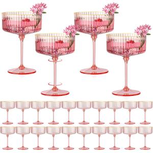 24 PCS Ribbed Coupe Glasses Pink Plastic Champagne Coupe Cup 10oz Detachable Gold Rim Espresso Martini Glass Vintage Margarita Glassware Cocktail Glass for Wedding Bachelorette Party