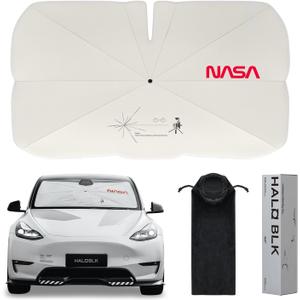 HALOBLK Reinforced Triple-Coated Windshield Sunshade Umbrella of The NASA Voyager-2 Mission Edition Designed for All Tesla Model Y Model 3 (2026 2025 2024 2023 2022 2021) Accessories (Medium (54" x 35.4"))