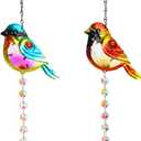Set 2 Stained Glass Little Birds Suncatchers Rainbow Maker Crystal Prisms Hanging Suncatcher for Window Colorful Metal Birds Wall Art Fence Decorations