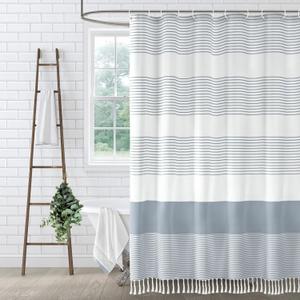 Extra Long Blue Shower Curtain Cotton Coastal Ocean Striped Shower Curtains for Bathroom with Tassel 72" W X 84" L