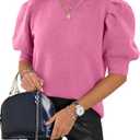 WIFFGO Womens Puff Short Sleeve Sweaters Tops Crew Neck Trendy Casual Knit Comfy Loose Fall Sweater Jumper Outfits Bright Pink S