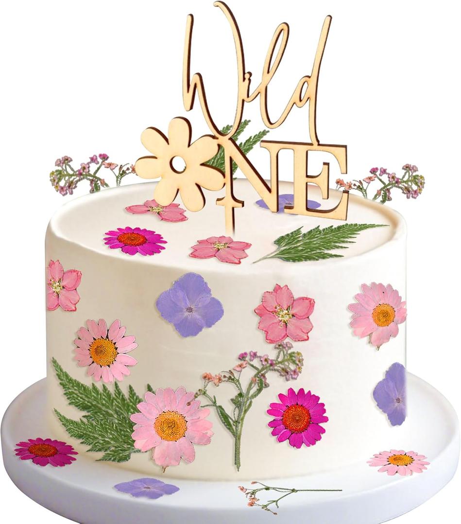 2 x JeVenis Wildflower Cake Toppers Wild One Flower Cake Decor First Birthday Cake Toppers for Floral Wild One Birthday Party Decoration Supplies (Golden 2)