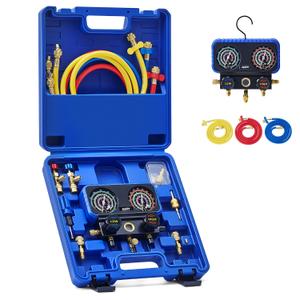 Orion Motor Tech AC Gauge Set, 3-Way AC Manifold Gauge Set for R410A R32 R22 R454B Refrigerant with 5ft Hoses, A/C Gauge with R410 R12/R22 Safety Valves R410A R32/R454B Adapters Valve Core Wrench