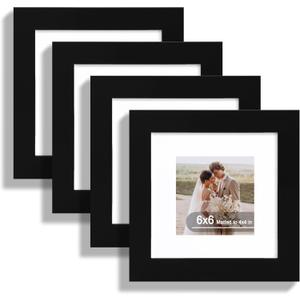 Hongkee 6x6 Picture Frame Set of 4, Made of Real Glass and Black Wooden Frame - Display Picture 4x4 with Mat or 6 x 6 Without Mat, 6x6 Photo for Wall or Tabletop