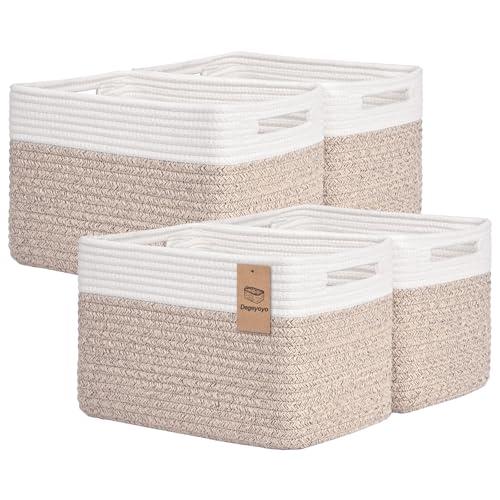 Storage Baskets for Organizing, 4 Pack Baskets for Shelves, Decorative Storage Bins for Shelves, Cotton Rope Storage Basket with Handles, Woven Basket for Storage, 13''Lx8.7''Wx7.9''H, White & Brown