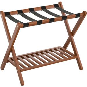 Forevich Luggage Rack Bamboo Folding Suitcase Stand with storage shelf for guest room Living Room Hotel Essentials Heavy-Duty Luggage Holder for suitcases bags shoes Chestnut Brown