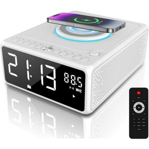 G Keni Elegant CD Player, Alarm Clock Radio with Wireless Charging Station, FM Radio (No AM), Bluetooth Boombox with Remote, MP3/USB Music Player, Snooze & Sleep Timer CD Players for Home, AC Powered (Clear White)