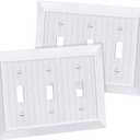 CML Classic Triple Toggle Switch Wall Plate, 3-Gang Outlet Cover, 2 Pack, Vintage Retro Wood Grain Design Beadboard Wallplate, Impact Resistant, Standard Size 6.87X 4.87, White