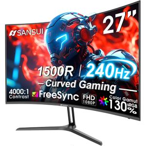 SANSUI 27 Inch Curved 240Hz Gaming Monitor FHD 1080P, 1500R Curve Computer Monitor, 130% sRGB, 4000:1 Contrast, HDR, FreeSync, MPRT 1Ms, Low Blue Light, HDMI DP Ports, Metal Stand, Cable Incl.