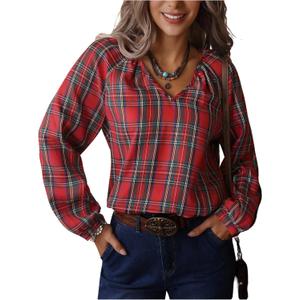 GORGLITTER Women's Plaid Shirt Long Sleeve V Neck Vintage Fall Blouses Bishop Going Out Tops (L)