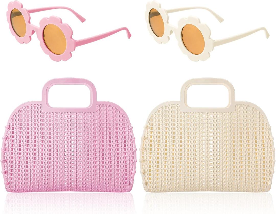 4 Pcs Kids Girls Women Plastic Tote Jelly Bags - Jelly Purse Beach Bag - 2 Pcs Flower Sunglasses - Reusable Gift Basket for Summer Bridal Beach Party Shopping Trip