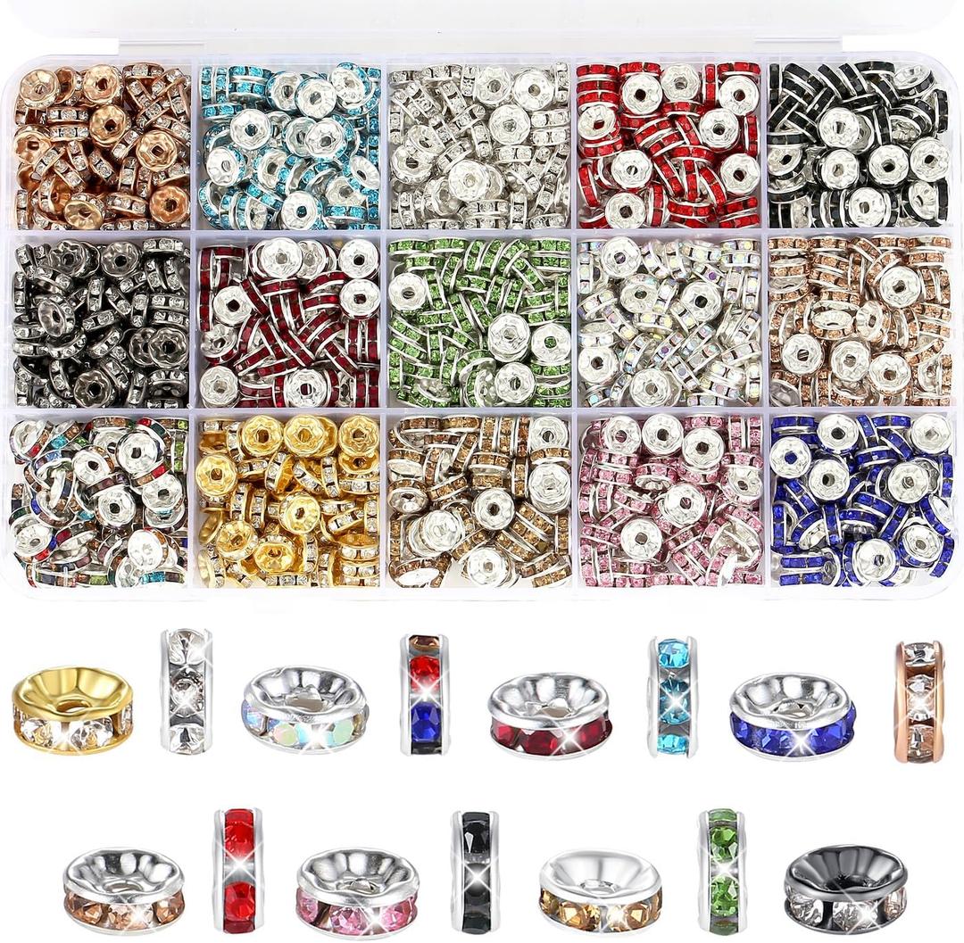 ZHIYUXI 600PCS 15Colors Rondelle Spacer Beads for Jewelry Making 8mm Crystal Rhinestone Spacer Beads for Bracelets Necklaces