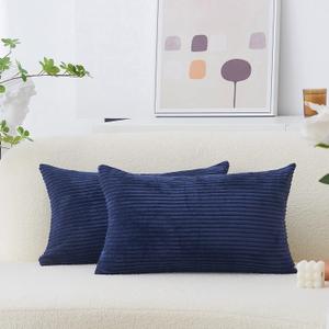 Home Brilliant Throw Pillow Covers 12x20 Decorative Plush Striped Velvet Corduroy Oblong Rectangular Accent Cushion Cover, 12 x 20 inch, Navy Blue