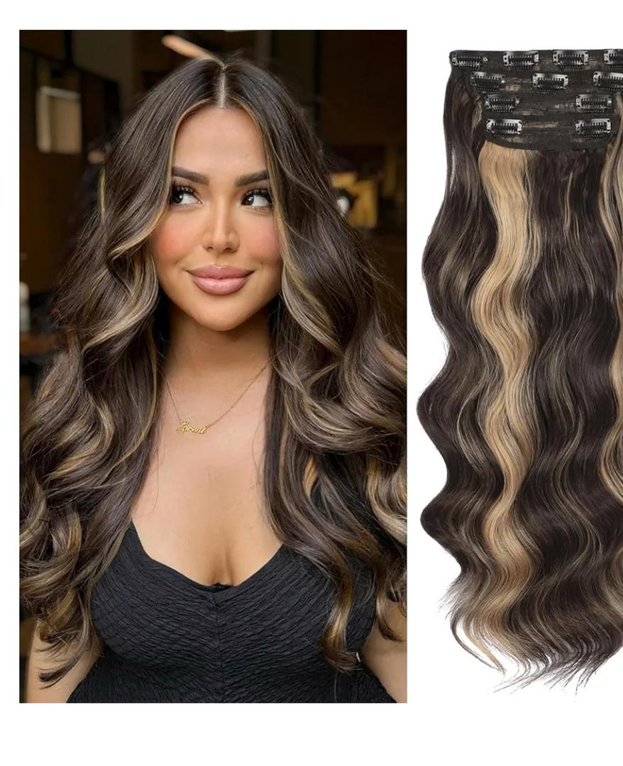 Clip in Hair Extensions PCS Brown mix Blonde Long Wavy Hairpieces 24Inch Hair Extensions Clip Ins Soft Synthetic Hairpieces for Women