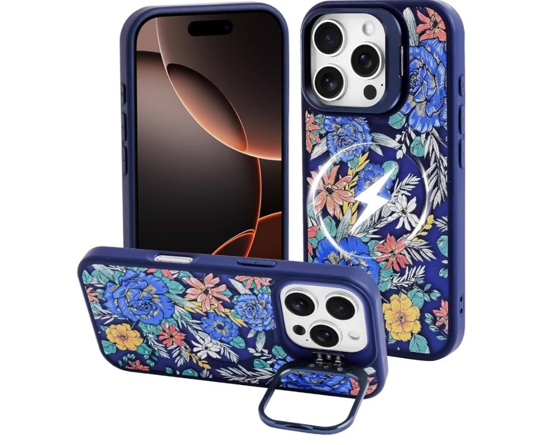 J.west Magnetic for iPhone 16 Case 6.1" Compatible with Magsafe, Translucent Camera Lens Kickstand Drop Protection Cute Floral Flowers Phone Cover Cases Navy Blue Pack of 2
