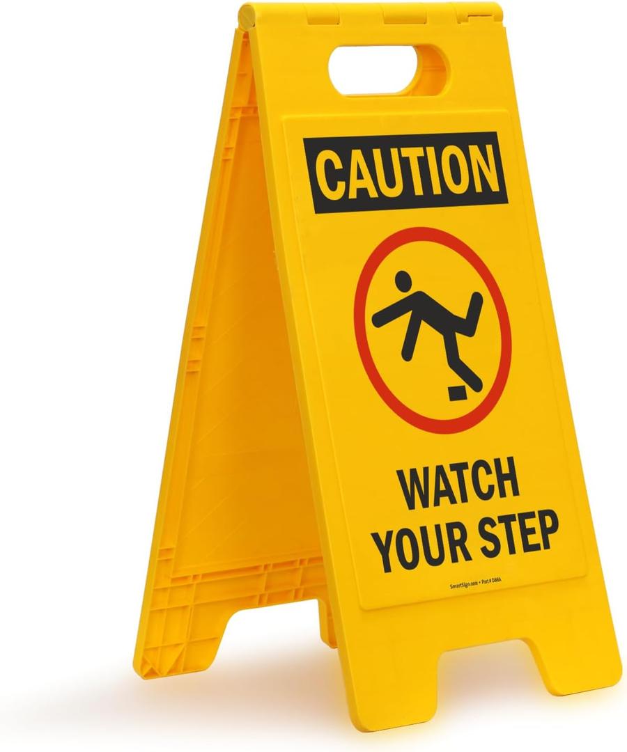 SmartSign Folding Floor Sign, Legend "Caution Watch Your Step" with Graphic, 25" high x 12" wide, Black/Red on Yellow