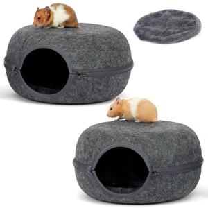 Guinea Pig Hideout 2 Pack, Double Function Guinea Pig Bed with 3 Soft Cushions, Small Animal Cage Accessories for Guinea Pigs, Hamsters, Hedgehogs, and Ferrets (Dark Grey & Dark Grey)