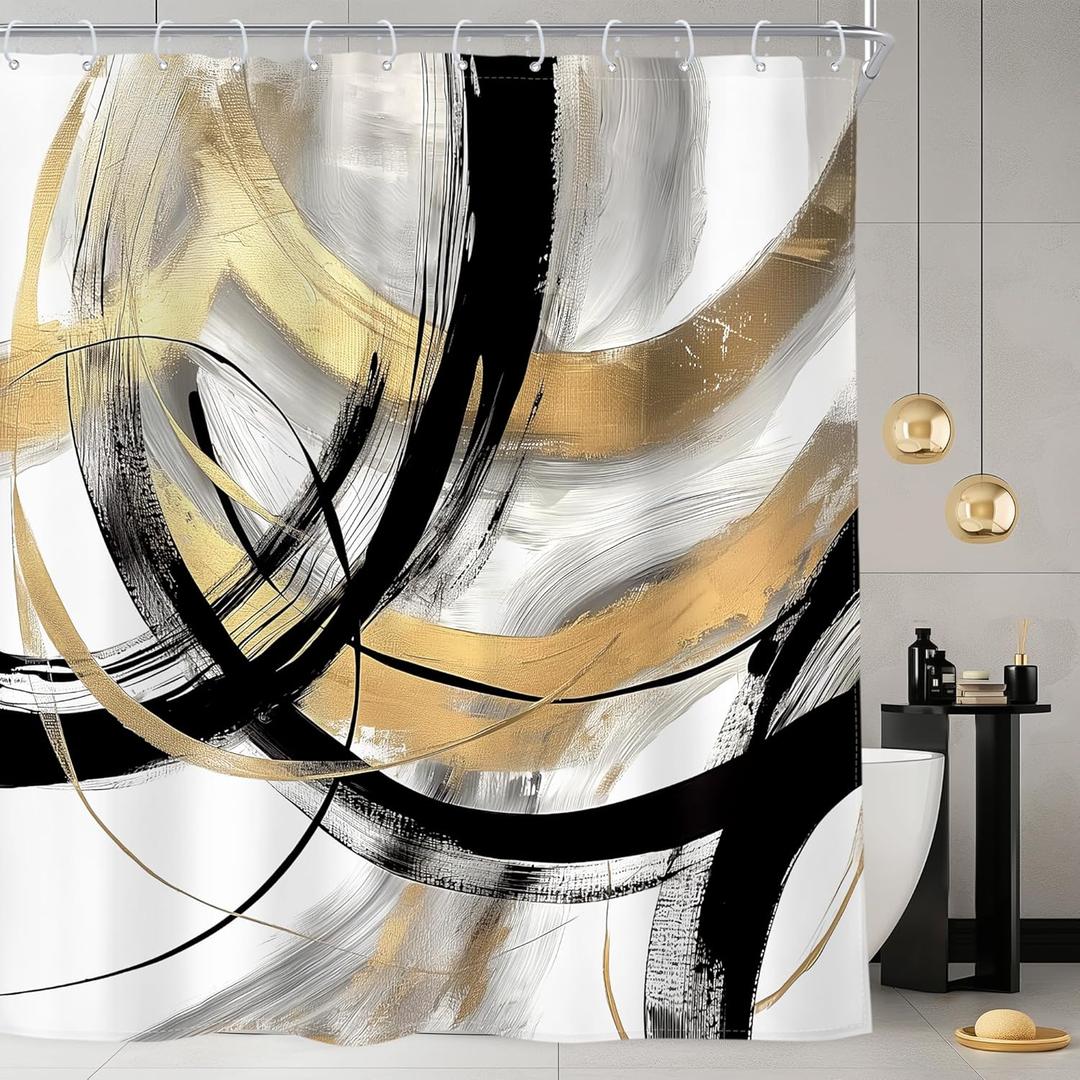 Riyidecor Black Gold Abstract Shower Curtain 72Wx72H Inch Modern Graffiti Minimalist Line Art Simple Geometric Sketch Cool Unique Aesthetic Man Boy Bathroom Decor Set Fabric 12 Pack Plastic Hooks