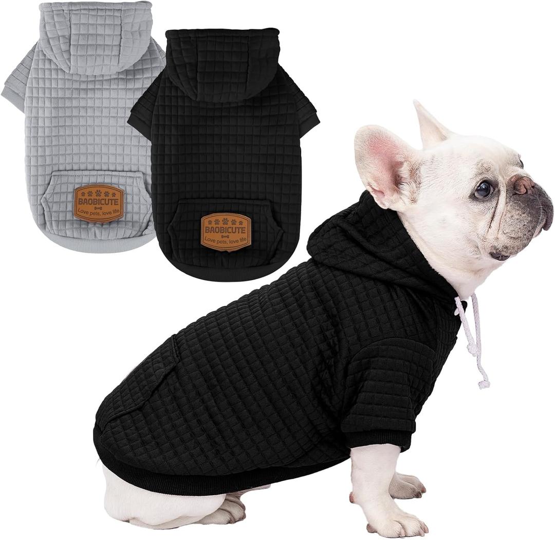 2 Pack Dog Hoodie Sweaters for Small Medium Dogs Warm Dog Clothes for Large Dogs Soft Waffle-Like Laminated Sweatshirt Bulldog, Black, Grey, M (Back: 15.5",Chest: 21.6", Neck: 13"))