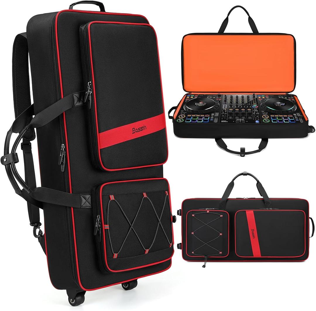 BOSSTIN DJ Controller Case with Wheels Compatible with DDJ FLX10 /1000 /FLX6 /REV7 /REV5, Rolling DJ Case for Equipment, Padded Large DJ Backpack with Multi-Pocket for Laptop Accessories (Black Red)