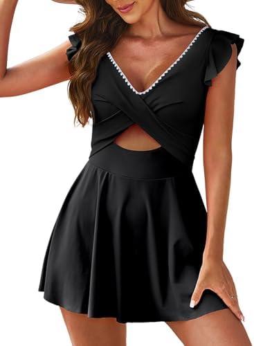 Aleumdr Women's One Piece Swimsuit Ruffle Cutout Swimdress Tummy Control V Neck Wrap Swimwear Large