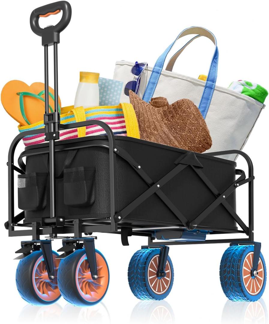 Electric Utility Wagon Cart, Rechargeable Electric Collapsible Folding Wagon, Large Capacity Utility Grocery Wagon with Roll Folding Table for Camping Garden Sports Shopping (Black)