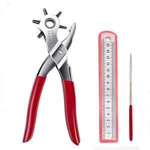 Adorox Heavy Duty Belt Hole Puncher for Leather  6 Size Revolving Leather Hole Punch Tool with Ruler & Deburring File, Perfect for Belts, Straps, DIY Leathercraft, and Repair (Red+Sliver)