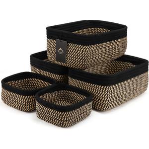 5-Pack Small Woven Rope Storage Baskets  2 Sizes Organizer Bins for Closet, Shelf, Bookshelf, Nursery, Changing Table, Fabric Cube Boxes, Rectangular Shallow Bins for Bathroom, Toy & Home (11.81*7.48*4.72'' & 5.91*5.91*2.56'', Black & Gold)
