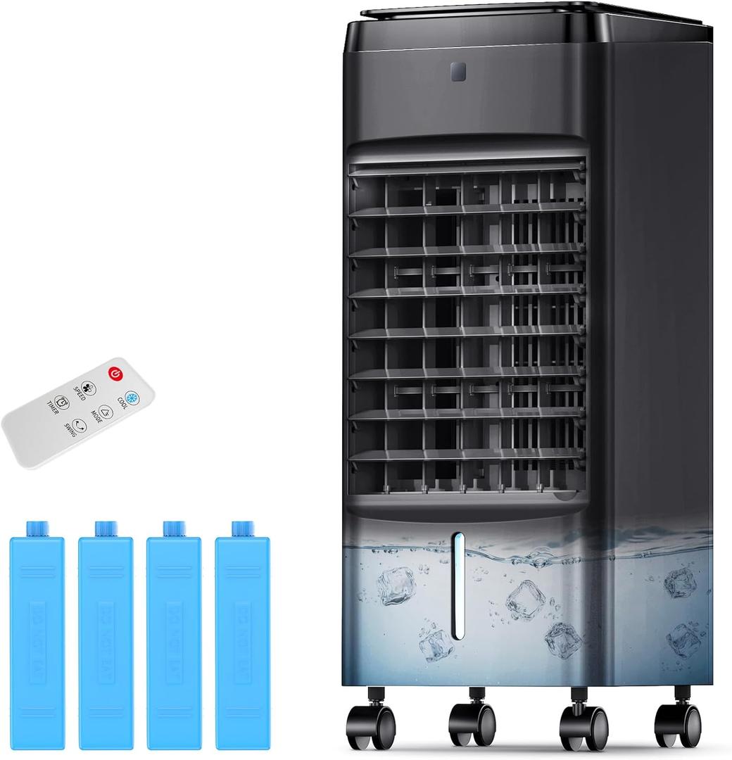 NOMEY 3-IN-1 Portable Air Conditioners 4 Modes & 3 Speeds, Waterless Alert System, 12H Timer, 1 Gal Detachable Water Tank, 4 Ice Packs, Remote, 70 Oscillation Windowless Evaporative Air Cooler (Deep Black)