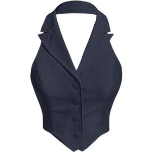 Women's Solid Asymmetrical Hem Backless Crop Tank Tops Sleeveless Casual Button Front Crop Blazer Vest (Medium, Navy Blue)