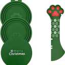Christmas Pet Set - 3 Cat Food Can Lids & 1 BPA-Free Can Opener | Cute Paw Shape Opener Spatula Spoon for Wet Food | Silicone Spoon & Covers for Dog Cat - Christmas Green