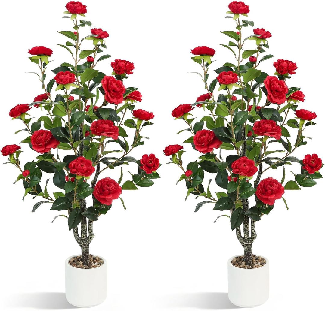 Artificial Camellia Tree 2 Pack  40'' Realistic Fake Potted Plant with 30 Red Flowers, Lifelike Faux Camellia Trees for Home, Living Room, Patio, Wedding, Event Decoration
