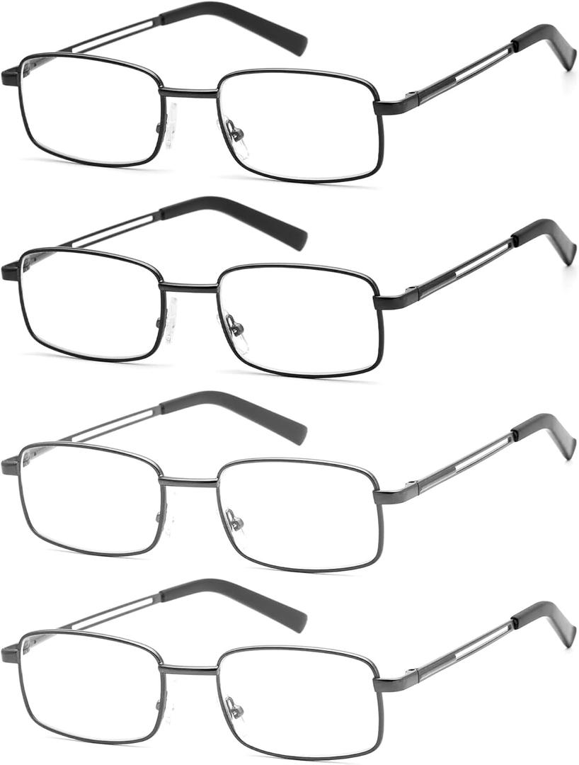 HIGHLIKE Reading Glasses Men, Metal Stainless Flex Readers with Soft Cases, Clear Lens Blue Light Glasses (4 Pack: 2 Black, 2 Gunmetal)