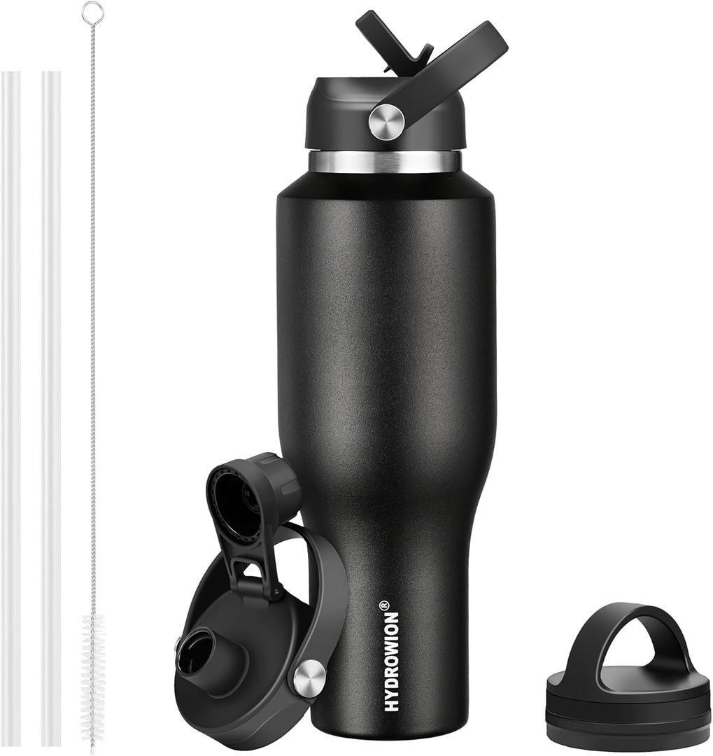 HYDROWION 40 oz Insulated Water Bottle with Straw fit in Car Cup Holder(Cold 48 hrs, Hot 24 hrs) Drinking Bottle with Straw Lid, Spout Lid and Flex Cap Leakproof Travel Thermo MugBlack