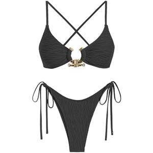 ZAFUL Women's Bikini Sets Ribbed Metal O Ring Criss Cross Two Piece Swimsuit Cheeky High Cut Side Tie Thong Bathing Suit M
