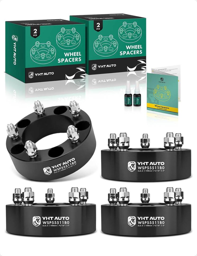 YHTAUTO 5x5.5 Wheel Spacers 2 inch Compatible with Chrysler, Dodge, Mitsubishi, Ram Models, Aspen, Dakota Tire Spacers w/ 9/16" & 12.9 Grade Studs, 108mm Center Bore 5 Lug 4PCS Black