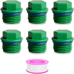 Feelers 3/4" PT Outer Hex Male Threaded PPR Pipe Plug End Cap with Teflon Tape Garden Hose Water Tubing Stopper Prevent Leakage Choke Fitting, Pack of 6, Green (0.75 Inch)