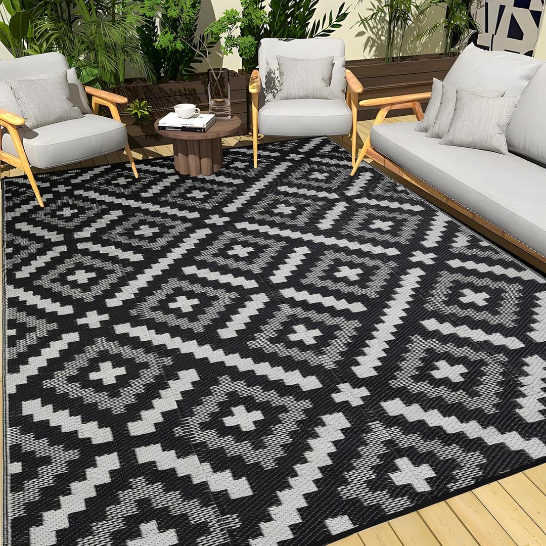 Outdoor Rug 9x12 ft Waterproof, Reversible Outdoor Plastic Straw Rug for Patios Clearance, Outdoor Area Rug Carpet RV Mat for Camping Backyard Deck Porch (Black&white-cross)