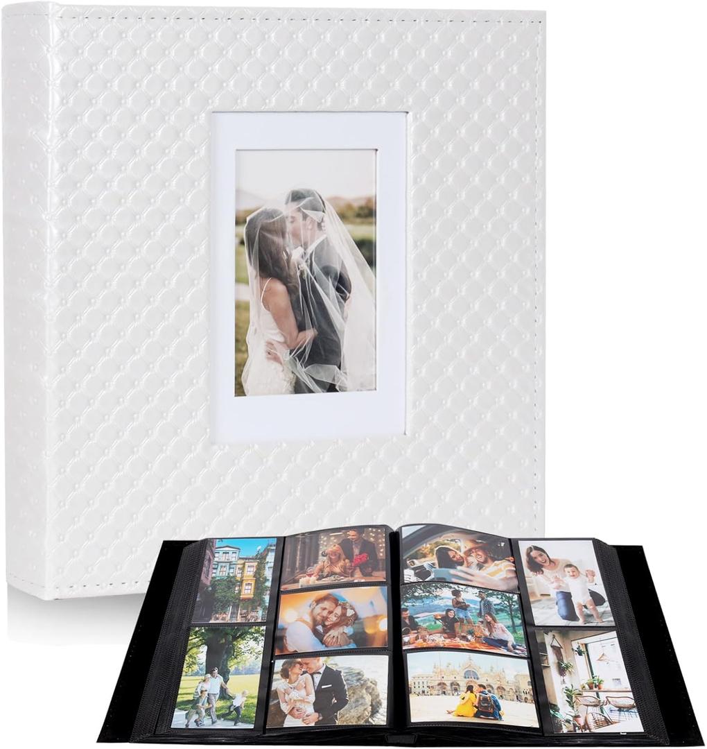 RECUTMS Photo Album 4x6 Holds 600 Photos Button Grain Larger Capacity Leather Cover Black Inner Page Baby Family Book Wedding Anniversary Pictures Birthday Photo Albums (White)