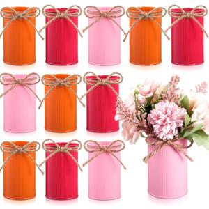 Domensi 4.33 Inch Petite Farmhouse Vase Decor Vintage Flower Vase with Twine Bow Rustic Galvanized Metal Buckets for Artificial Flowers for Table Centerpiece Weddings(Orange, Fuchsia, Pink,12 Pcs)