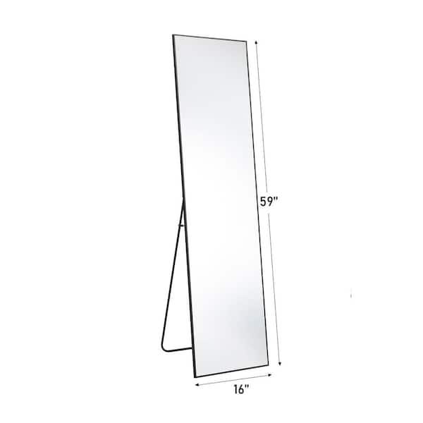 16 in. W x 59 in. H Aluminum Alloy Frame Black Full Body Floor Mirror with Floor Stand and Wall Mounted Hooks
