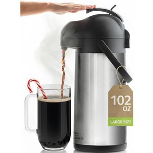 Cresimo Coffee Carafe with Pump - 102oz / 3L Airpot 12 Hours Large Hot Water Carafe, Cocoa Dispenser for Parties - Tea Flask, Insulated Stainless Steel Airpots for Hot Beverage Dispenser -Coffee Pump (Silver)